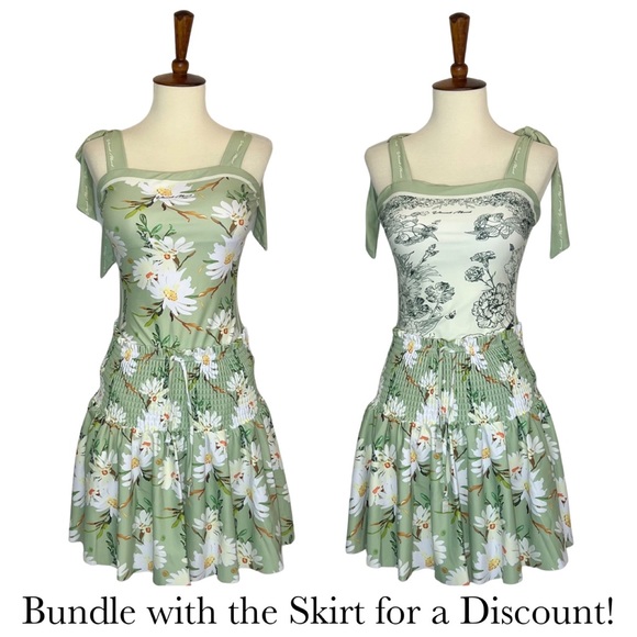 Retro Pale Green and White Floral Reversible Swimsuit with Shoulder Ties - Picture 13 of 16